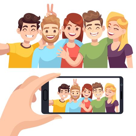Group selfie on smartphone. Young happy people take selfie portrait, friendly smiling characters make photos on phone vector youth technology mobile for taking photo designのイラスト素材
