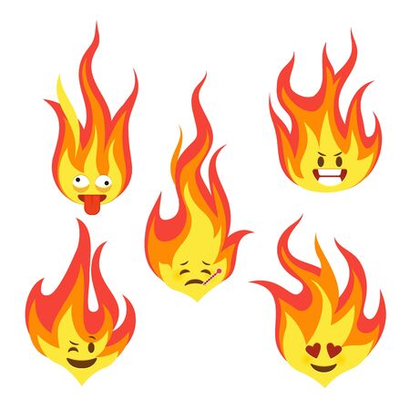 Fire character icons. Hot flame cute emoji with angry and smiles happy characters comic style vector fun faces feel silent eyes reaction emoticon set for chatのイラスト素材