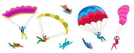 Skydivers. Professional skydiving, people jump with parachute, fly with paraglider. Active lifestyle hobby cartoon vector parachuting wings adventure flying charactersのイラスト素材