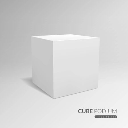 Cube podium. 3d cube pedestal, white blank block for product promo. 3d in perspective with shadow vector advertising standing cubic exhibition templateのイラスト素材