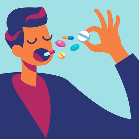 Pills in mouth. Man eating many drugs. Hand with overdose of medicine. Drug addiction treatment and pharmacology vector taking tablet prescription health conceptのイラスト素材