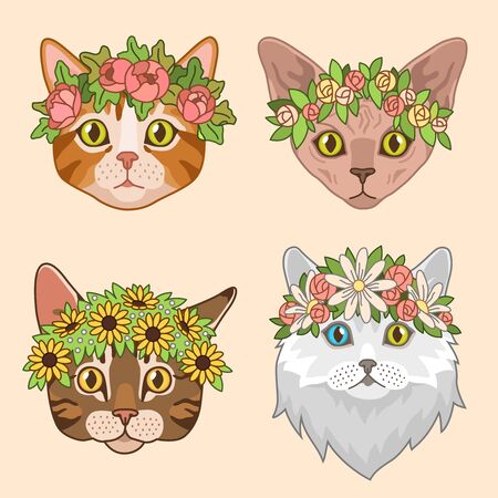 Cat heads with flower crown. Cute cats in floral wreath, funny kitties for birthday greeting cards. Girly vector pretty portrait princess heading kitty printのイラスト素材