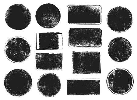 Grunge post stamps. Round and rectangular badges with distressed texture. Scratched blank rubber seal stamp vector isolated square shapes setのイラスト素材