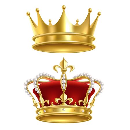 Real royal crown. Imperial gold luxury monarchy medieval crowns for heraldic sign isolated realistic vector golden elegant crowning king vintage set on white backgroundのイラスト素材