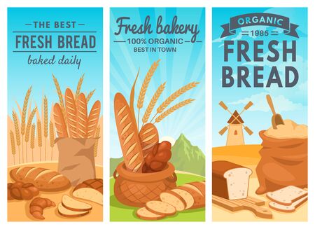 Bread banners. Rye bread bakery shop, wheat baguette and croissant, cupcake and toast, cookie and bagel cartoon flayers vector healthy sweets pastries grocery setのイラスト素材