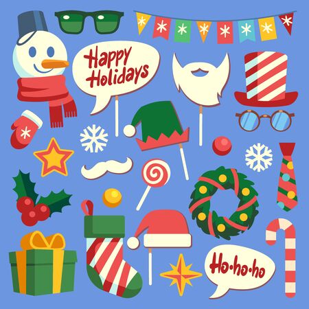 Christmas photo booth. Holiday props santa hat and beard, glasses and gift box. Face mask and elf hats, snowman and snowflakes vector new year nice decoration setのイラスト素材