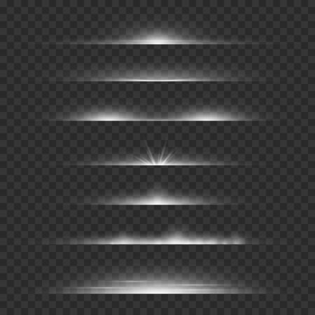 Light dividers. Line flare glowing borders, white horizontal beams. Futuristic transparent rays vector flash lightings dividing setのイラスト素材