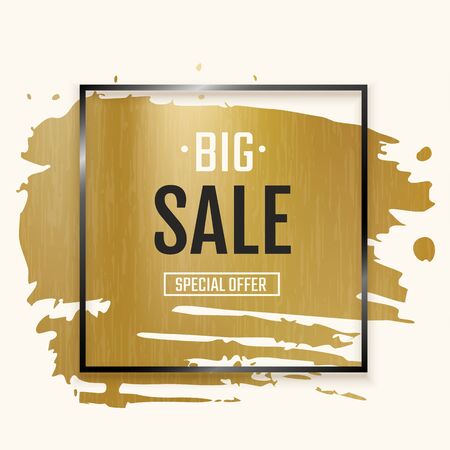 Gold ink brush with frame. Black square background with golden foil texture and paint splash elements vector white glamour texting borders banner with black glamour texting bordersのイラスト素材