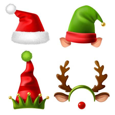 Christmas holiday hats. Santa claus red cute cap, snow reindeer and elves fur hat. Funny winter celebration headwear realistic vector kids wearing accessories set for carnivalのイラスト素材