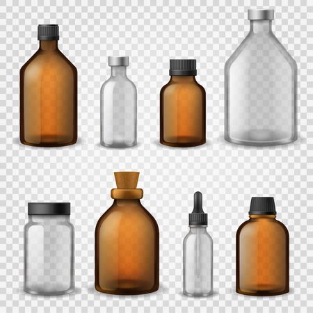 Medical glass bottles. 3d realistic brown blank packaging, pharmacy syrup bottle, aromatherapy oil cosmetic container vector medicine pharmaceutical jar mockupのイラスト素材