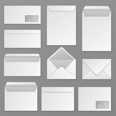 Envelopes. Blank corporate closed and open envelope for a4 letter sheet. Paper postal packages, mail vector isolated realistic business correspondence mockupsのイラスト素材