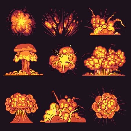 Cartoon explosions. Bomb explosion, fire bang with smoke effect. Explode dynamite, flash destruction, danger objects comic game vector animation flame creative boom setのイラスト素材