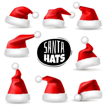 Santa claus hats. 3d realistic red christmas holiday caps, plush cute winter headwear. Celebration clothes, new year decor vector set of xmas costumesのイラスト素材