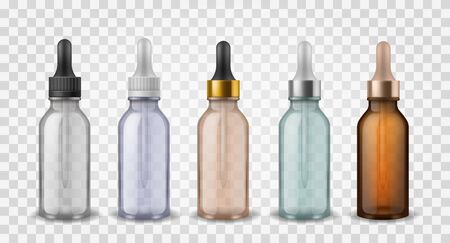 Glass bottles with dropper. 3d realistic cosmetic blank vials for essential oil liquid, collagen serum vector skincare vapor colorful essence mockupのイラスト素材