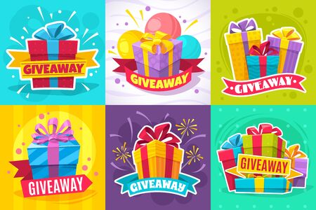 Giveaway post. Give away gift announcement, winner contest reward and christmas prize for social media posts and website vector flyers with square box and ribbonのイラスト素材