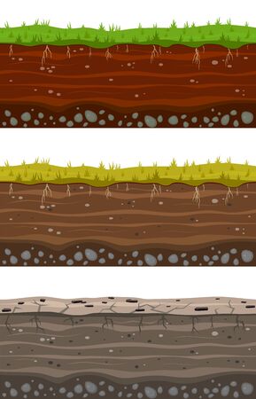 Soil ground layers. Seamless ground, earth drying process. Dirt clay surface texture with stones and grass. Vector landscape layered setのイラスト素材