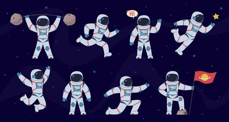 Cartoon astronaut. Cosmonaut characters in different poses running, standing and walking, flying. Cosmic hero in space suit vector comics party spaceman setのイラスト素材