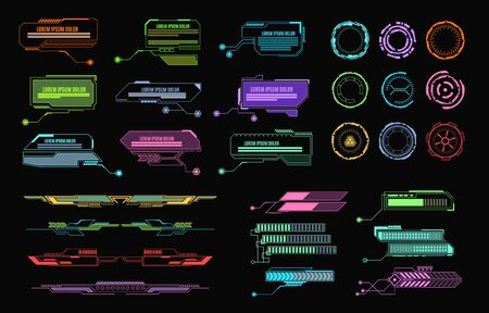 Hud elements. Futuristic callout bar, modern digital info boxes layout. Call bars gadget game app interface vector isolated infographics communication display setのイラスト素材