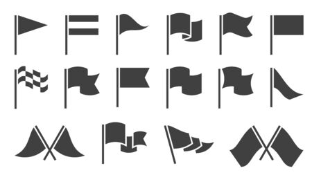 Flag icons. Black silhouette destination flags, pennant with flagpole, banners. Map location markers, start and finish symbols vector gps fluttering marking waving element setのイラスト素材