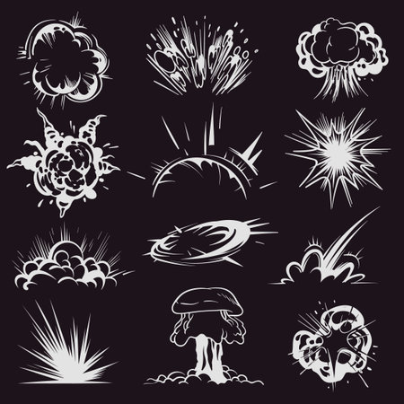 Cartoon explosion effect. Comic energy blast, smoke cloud with shining trails particles, white fire...