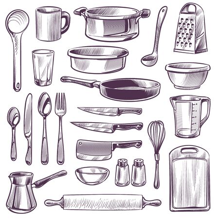 Kitchen utensils. Sketch cooking tools. Pan, knife and fork, spoon and grater, cup and glass, cutting board hand drawing vintage vector kitchenware sketched setのイラスト素材