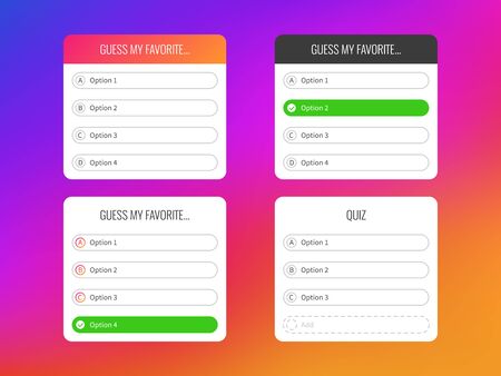 Quiz option. Question stickers for poll stories page, popularity interface voting labels for typing answers, vector technology digital business social survey templateのイラスト素材