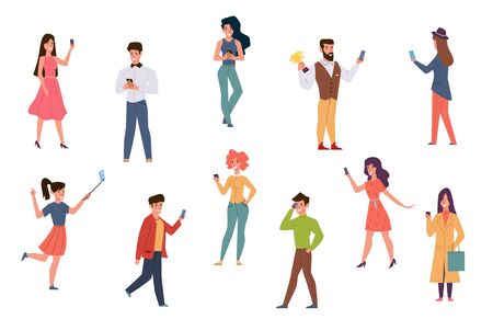 People with smartphones. Men and women talking on phone, checking social media texting. Catch wifi signal taking selfie cartoon characters using mobile technology vectorのイラスト素材