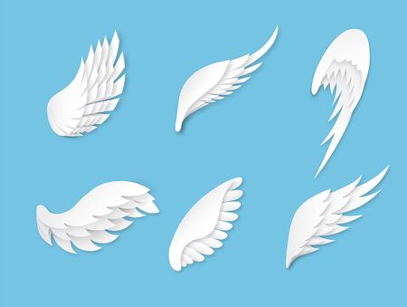 Paper wings. Artificial white different shapes wings decoration. Heraldic logo with bird feathers, decorative beauty origami flying angel vector conceptのイラスト素材