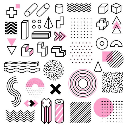Abstract geometric shapes. Universal trend memphis style graphic symbols. Circle, triangle and cube, line and dots elements vector geometrical ornament setのイラスト素材