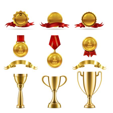 Sport or game trophy set. Gold reward badges and award cups for achievement of best success winner vector rating number medal imageのイラスト素材