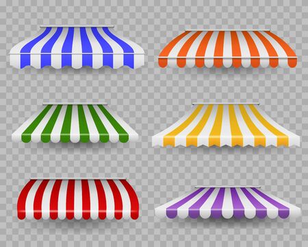 Striped awnings. Colorful outdoor canopy for shop, restaurants and market store window of different forms, vintage striped vector sunshades and storefront tent in groceryのイラスト素材