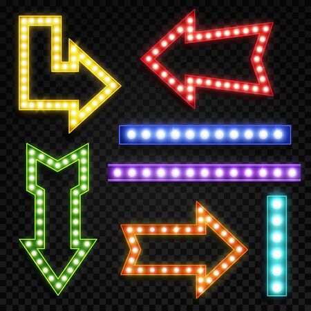 Arrows with bulb lamps. Retro signpost with blue, red and yellow light bulbs for theater billboard, circus and casino neon lighting frame vector designのイラスト素材