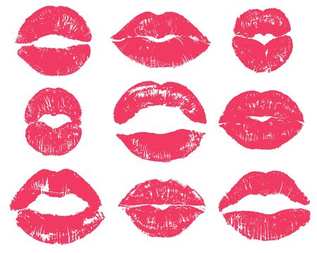 Lipstick kiss. Sexy woman red lips print. Female mouth makeup silhouettes, love smooches romantic valentines isolated vector girl kissing setのイラスト素材