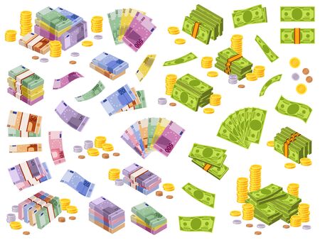 Dollar and euro banknotes. Isometric cash money, various currencies dollars and euros bundles and coins 3d financial awards vector different currency investment payment setのイラスト素材