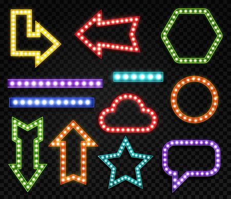 Signs with lamps. Realistic glowing symbols of different forms. Blue, red and yellow neon bulbs marketing frame for title lighting advertising vector border setのイラスト素材