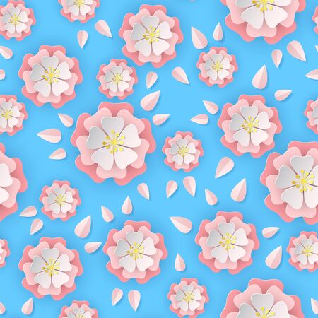 Paper sakura seamless pattern. Floral stylish wallpaper colorful blooming romantic flowers of cherry tree, cut paper origami eastern asian vector textureのイラスト素材