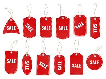 Sale craft labels. Blank red special old paper carton tag with rope and cord for discount shopping design vector different pricing hanging sticker setのイラスト素材