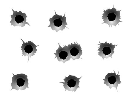 Bullet holes. Realistic bullet traces, circle holes in metal wall. Military shooting range, steel rip grunge texture, vector guns shot on white sheet setのイラスト素材