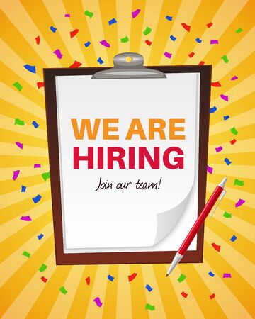 We are hiring. Announcement vacancy recruitment companies employment poster, business company job offer open opportunities, vector employee finding backgroundのイラスト素材