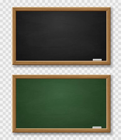Blackboard. Realistic green and black chalkboard with wooden frame and chalk, blackboards template for school classroom or restaurant 3d vector setのイラスト素材