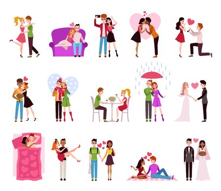 Hugging couple in love. Llifestyle of happy romantic couples, loving persons girlfriend and boyfriend in restaurant, walking in raining or marriage isolated vector setのイラスト素材