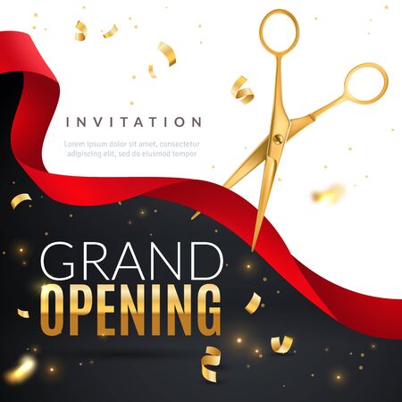 Grand opening. Golden confetti and scissors cutting red silk ribbon, inauguration ceremony banner, opening celebration vector launch of business posterのイラスト素材