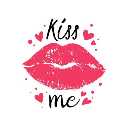 Greeting card with lips. Lipstick sweet kiss print and lettering text for valentines day, passion and romance symbol, womans lips printing vector backgroundのイラスト素材