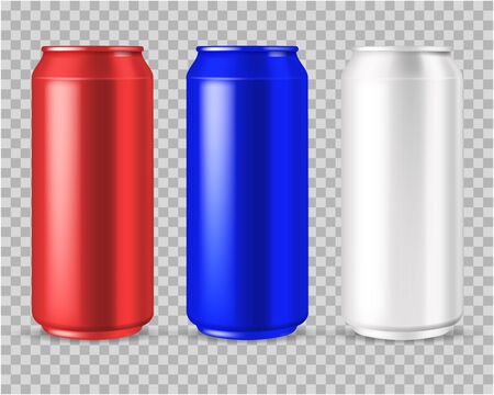 Realistic cans. beer or energy drink aluminium blank can in red, white and blue isolated vector empty mockups on transparent backgroundのイラスト素材