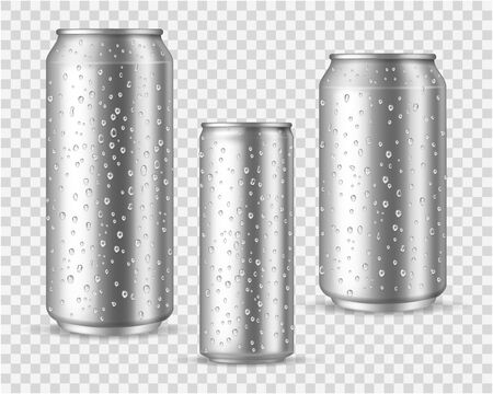 Realistic cold cans. Silver or aluminium metal wet blank energy drink and beer cans with droplets vector packaging canned mockupsのイラスト素材