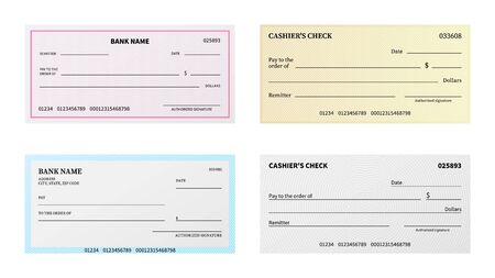 Bank check. Presentation blank cheque checkbook with guilloche pattern and watermark for certificate, voucher or banknote vector business printing templateのイラスト素材