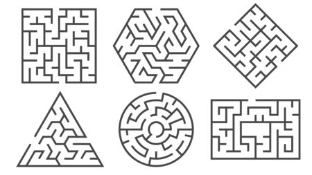 Maze. Labyrinth game in different graphic shapes for right or wrong paths and many entrance riddle, find way rebus logic leisure conundrum vector exercise setのイラスト素材