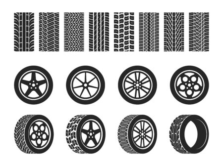 Wheel tires. Car trace imprints, vehicle track or auto race tire, motorcycle racing wheels with different protection patterns and graphic elements vector setのイラスト素材