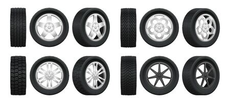 Realistic tires. 3d auto tyres and alloy rims, car wheels with different tread patterns from side and front views, auto technology service isolated vector setのイラスト素材