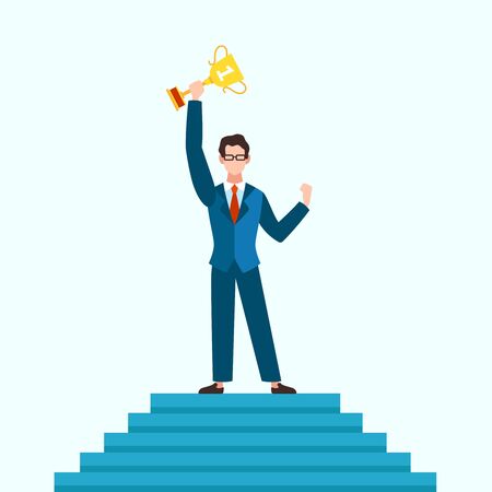 Winner concept. Businessman on podium with prize of best result, entrepreneur with trophy cup. Success business, career growth and happy finish of competition vector backgroundのイラスト素材